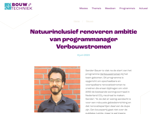 Artikel over Natuurinclusief renoveren binnen landelijk programma Verbouwstromen, in opdracht van Topsector Kennis en Innovatie Bouw en Techniek